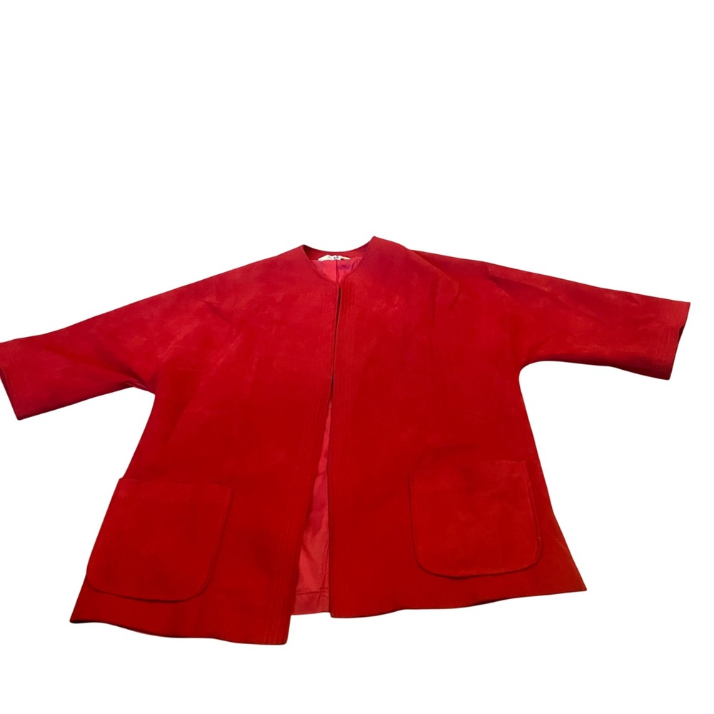 Alorna Vintage Red Faux Suede Open Front Jacket 3/4 Sleeve Pockets 9/10 Mod FLAW